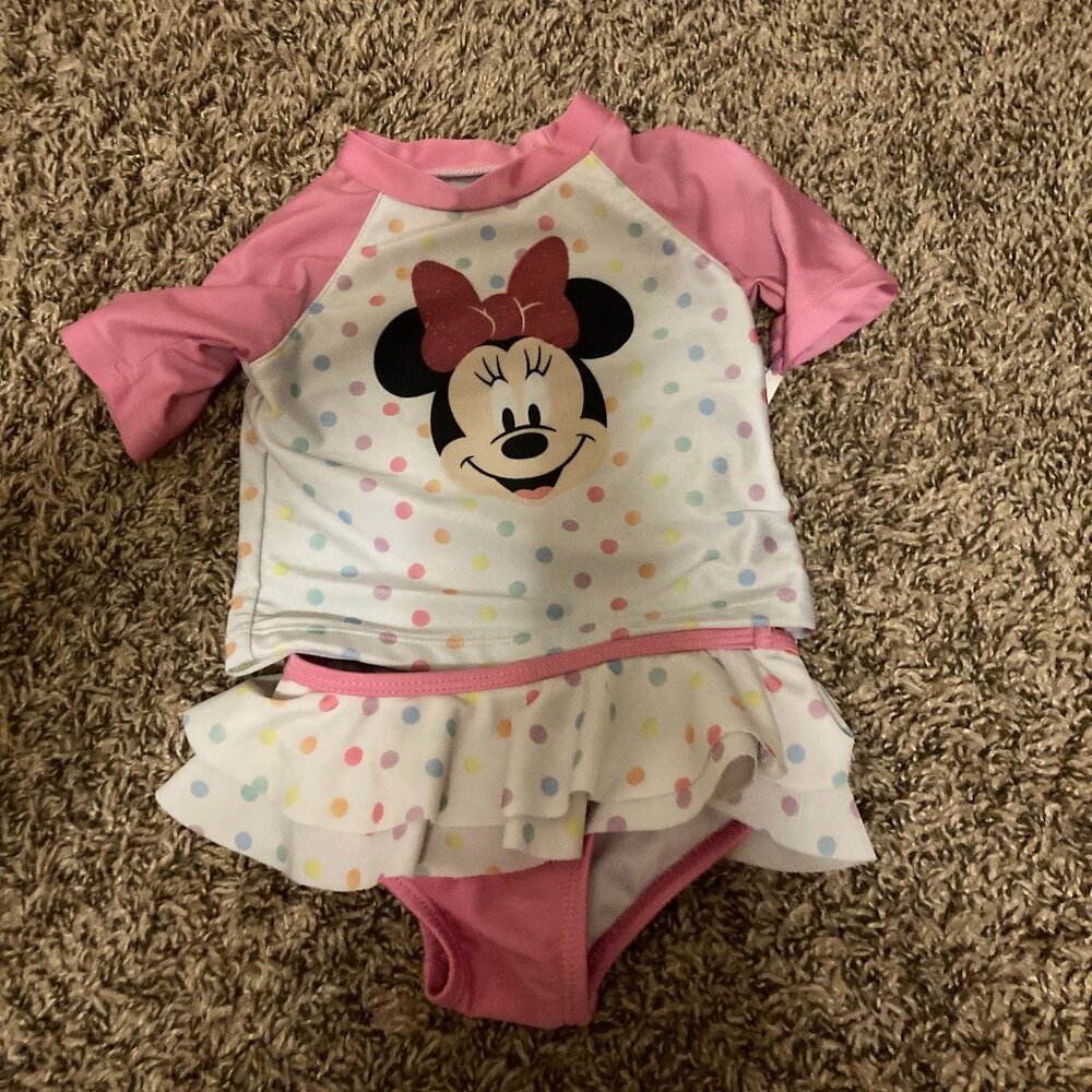 Disney Baby Minnie Mouse Swimsuit 3-6 Months Two Piece Pink White Polka Dots
